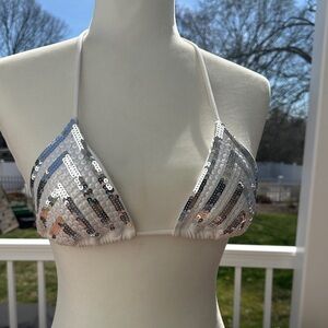 Vintage Victoria's Secret Silver & White Sequin Triangle Bikini Top